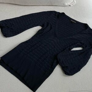 Navy V-Neck Knit Top with Subtle Metallic Thread